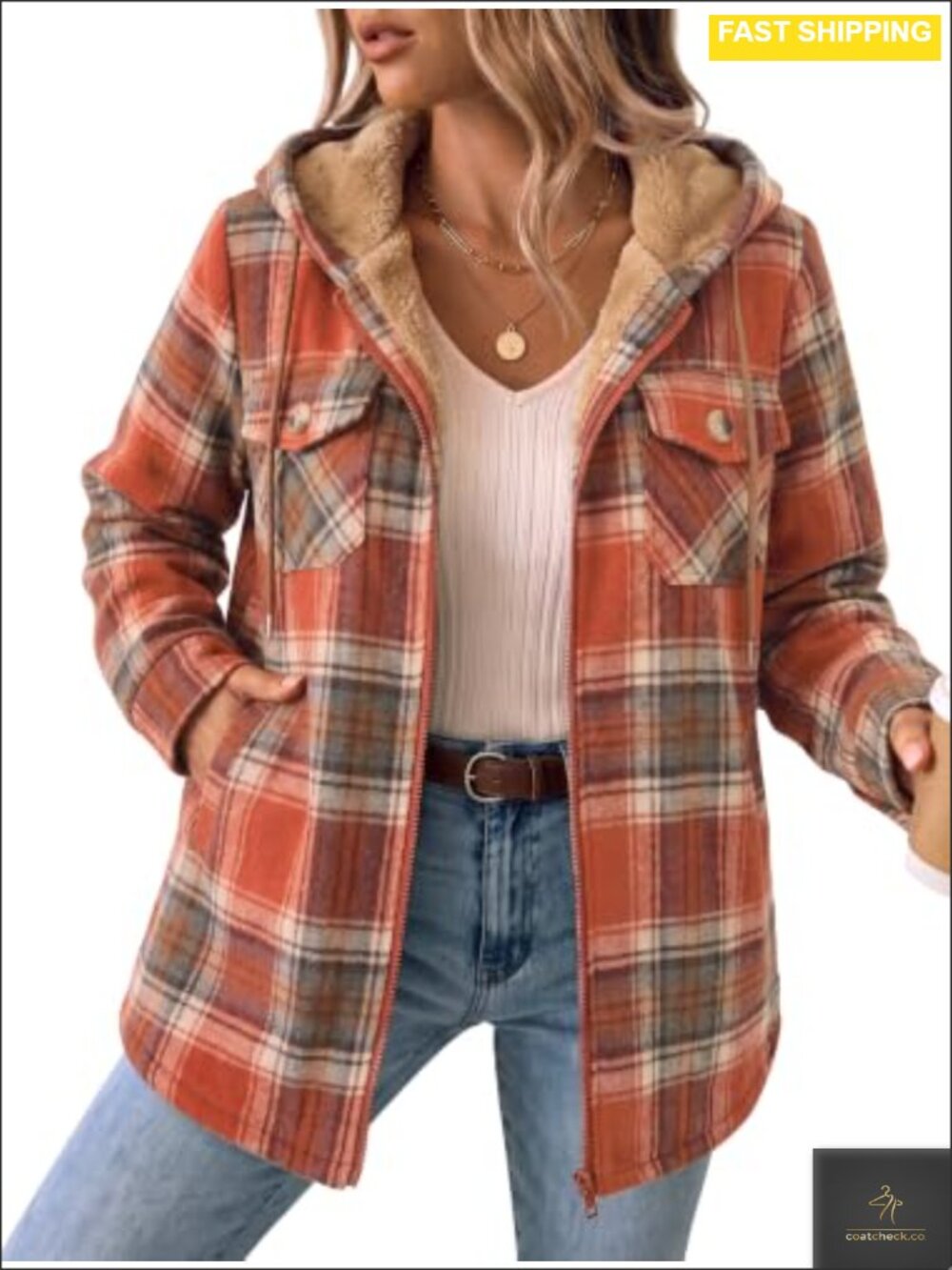 Womens Plaid Fleece Lined Shacket Hooded Zip Flannel Jacket